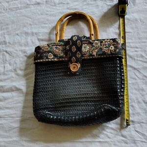Medium Vintage Woven Cottagecore Floral Patterned Handbag with Bamboo Handles